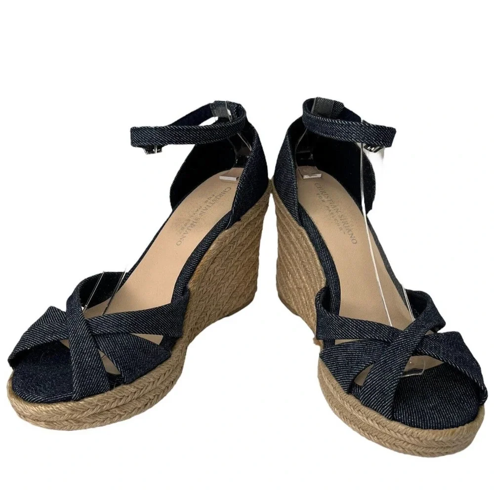 Christian Siriano Espadrille Wedge Ankle Strap Denim Blue Sandals 8
